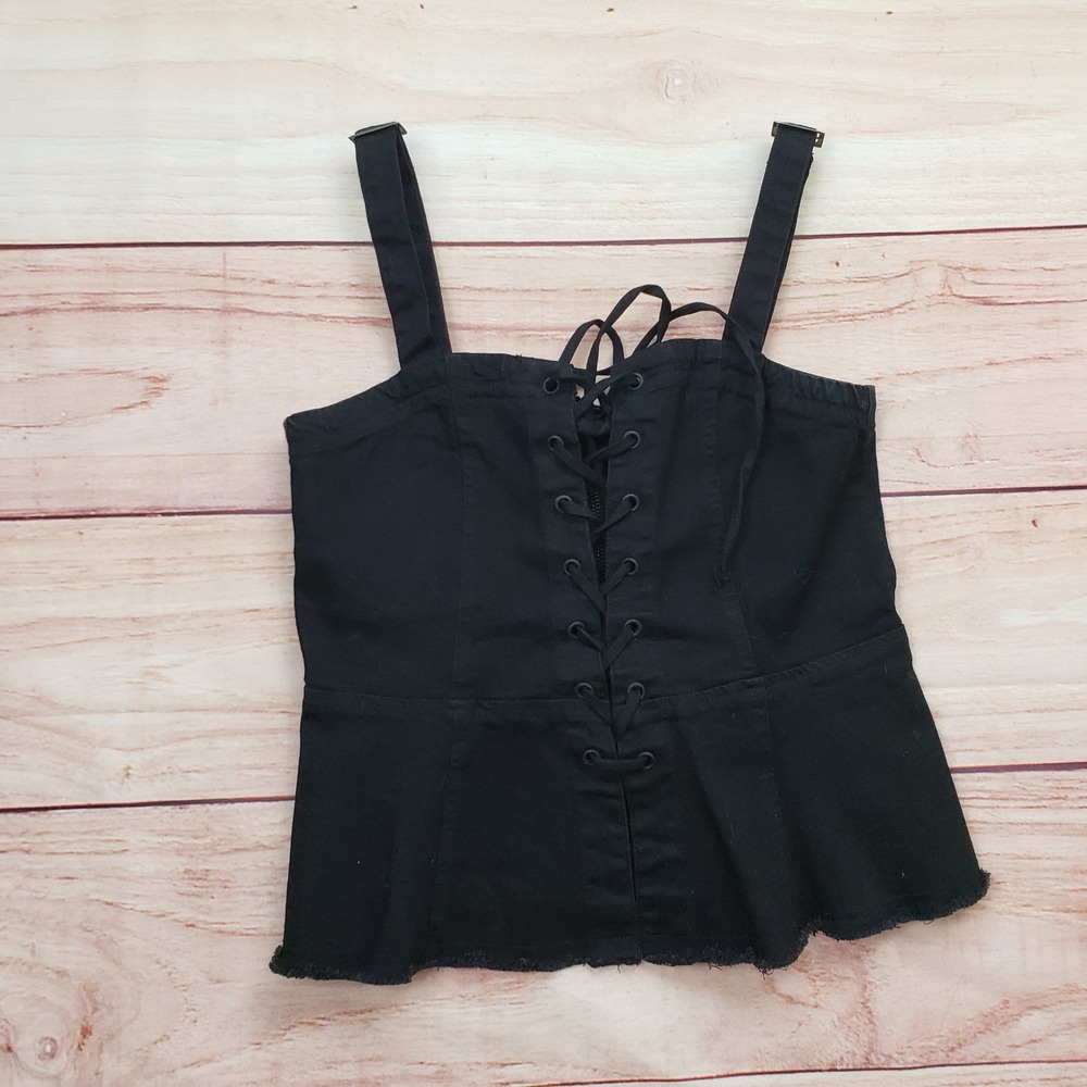 Forever 21 Lace Up Corset Womens Medium Black Peplum Crop Top DNT-1220 Ladies